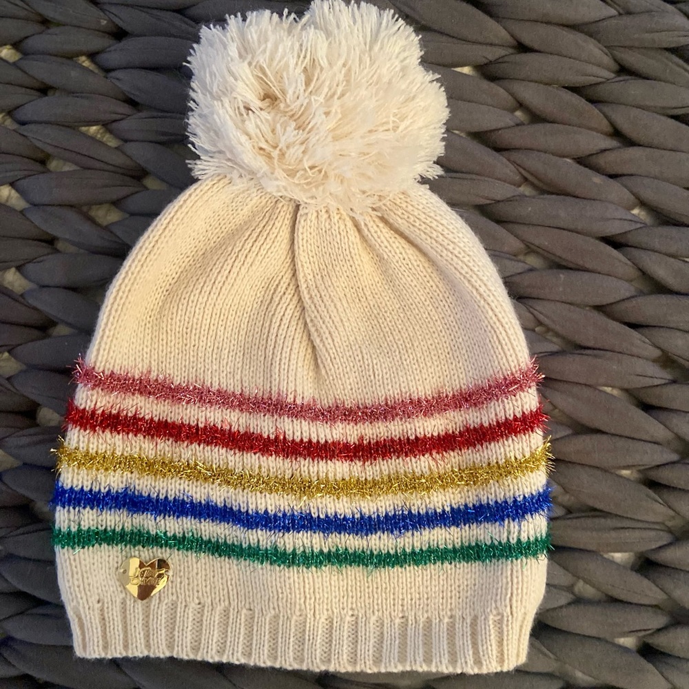Betsey Johnson Metallic Rainbow Pom Beanie OS